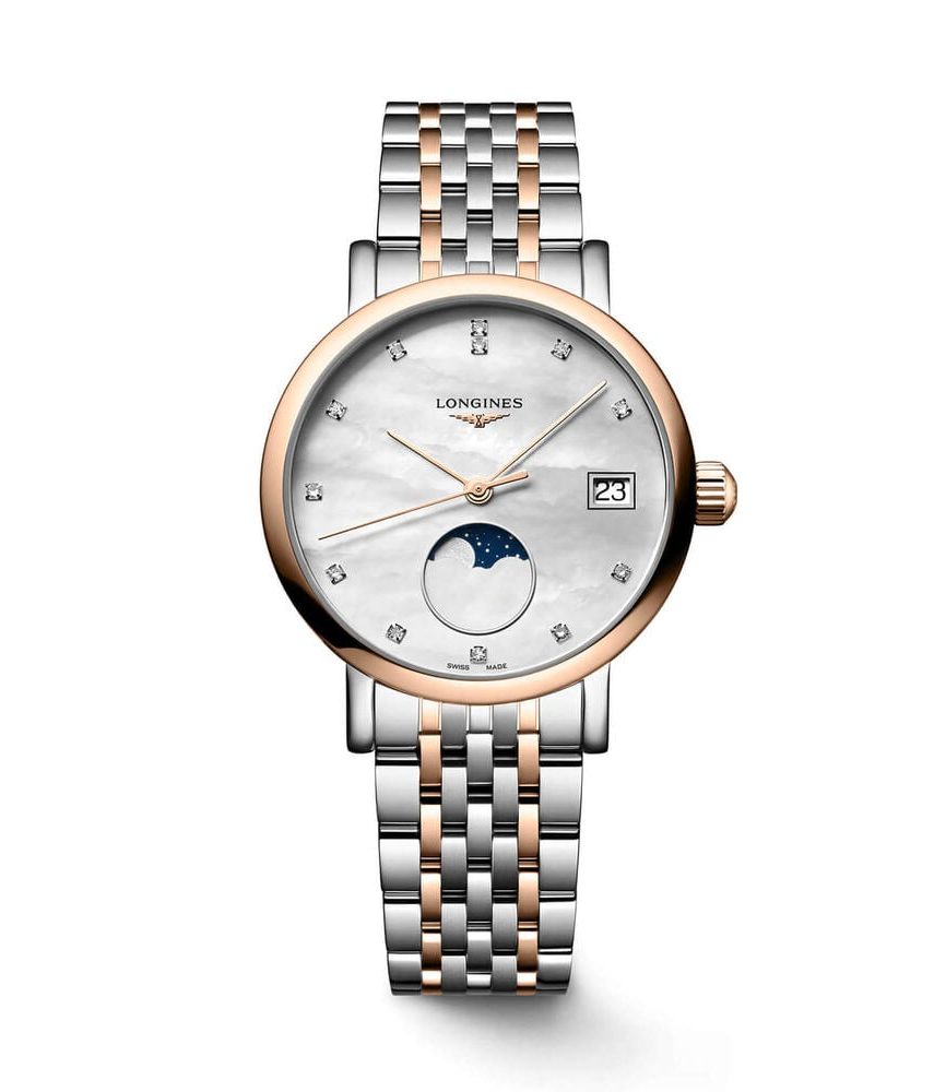 Longines Elegant 30mm MOP Dial Moonphase Diamond Dots Two Tone Steel Bracelet Watch image number 0