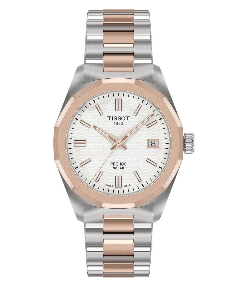 Tissot PRC 100 Solar 34mm Mother of Pearl Dial Rose Gold PVD Steel Bracelet Watch image number 0