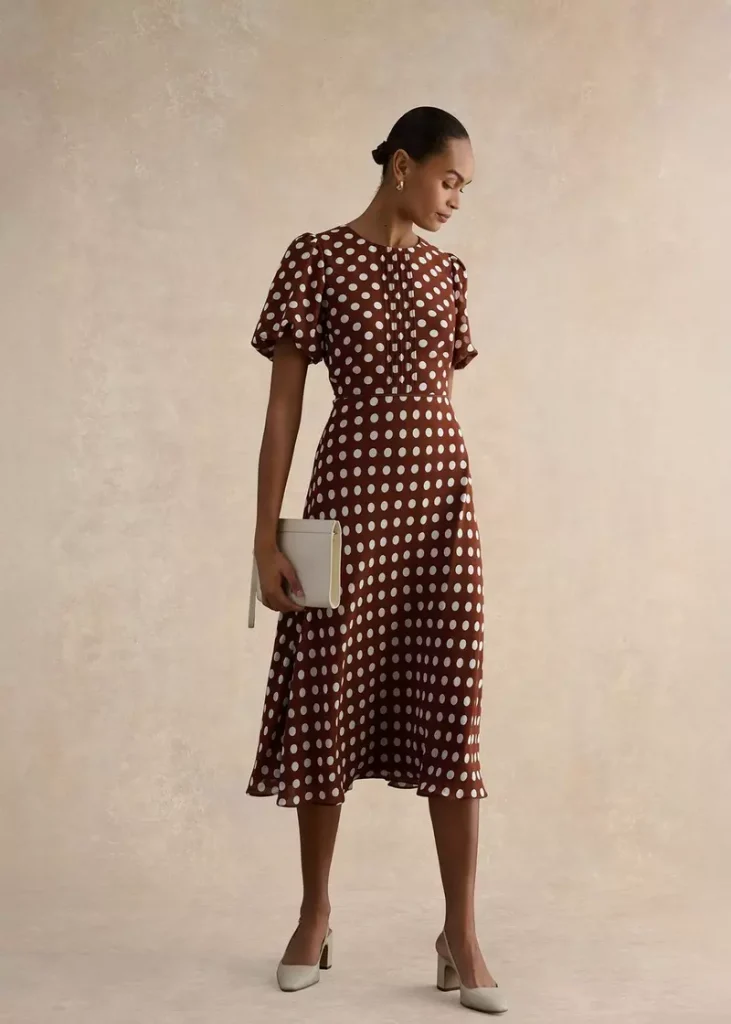 Petite Dorothy Spot Midi Dress, Brown Ivory, hi-res
